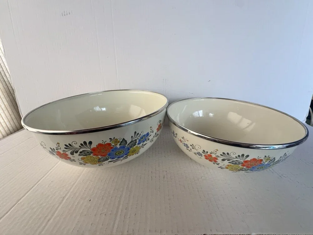 Vintage Kobe Kitchen Enamelware Nesting Bowls Set 2 Floral Japan Mixing